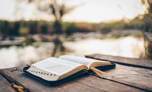 open bible on picnic table