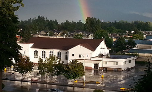Clearbrook church with rainbow in background