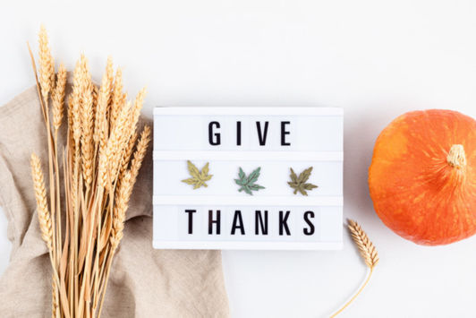 Give Thanks sign with wheat on cloth and a gourd around it.