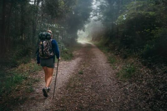 Individual with hiking backpack walking along a path